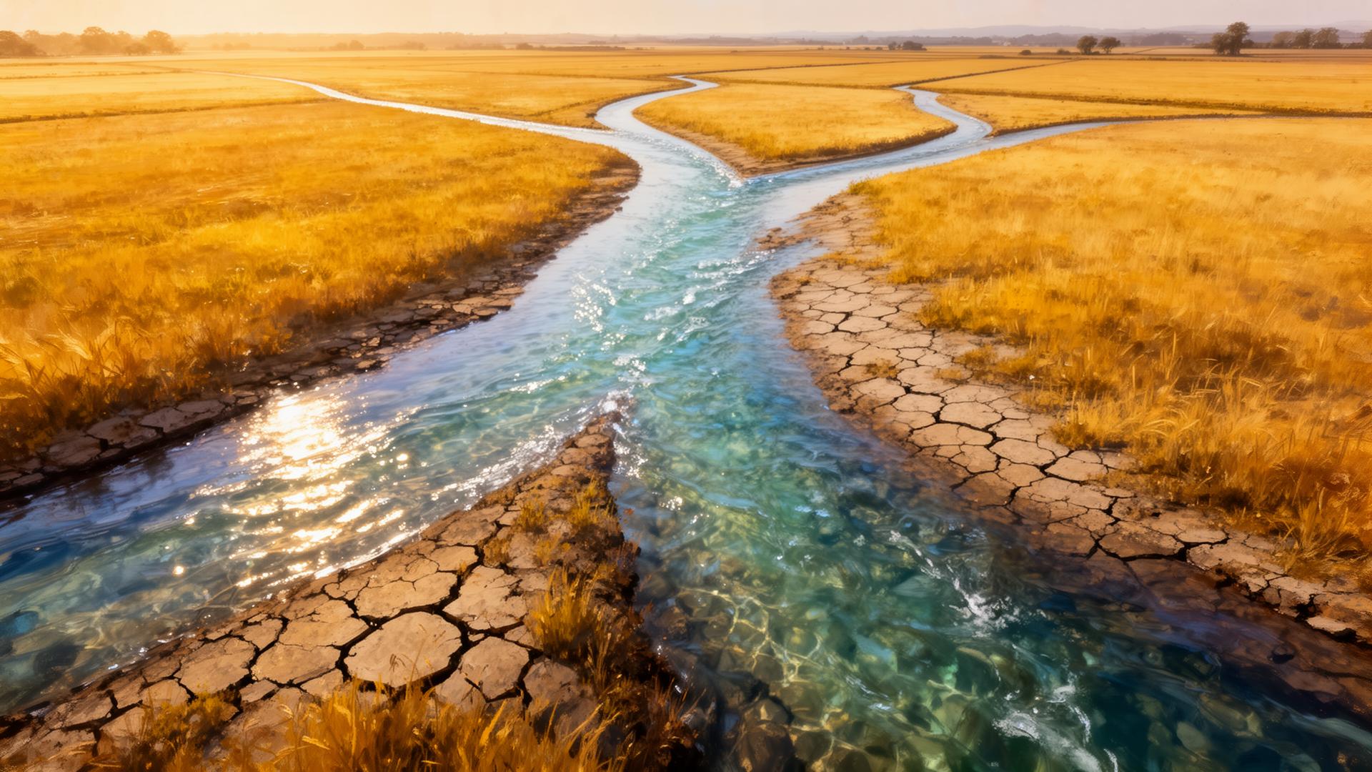 Water flowing through cracked farmland